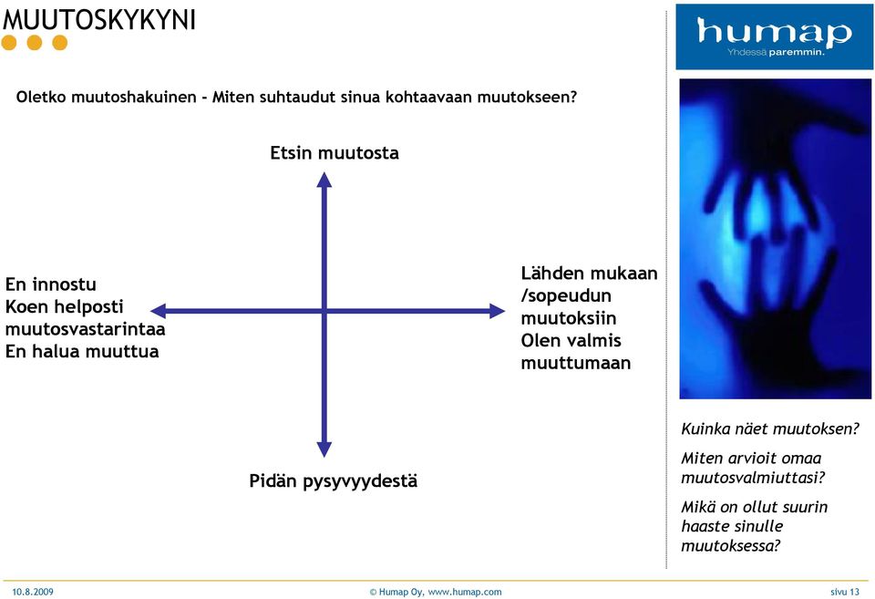 /sopeudun muutoksiin Olen valmis muuttumaan Pidän pysyvyydestä Kuinka näet muutoksen?