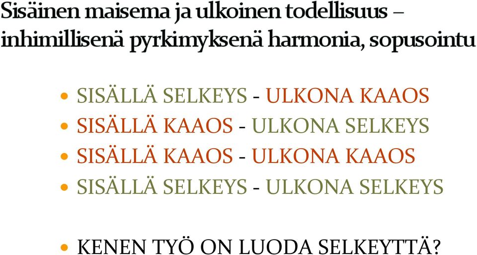 ULKONA KAAOS SISÄLLÄ SELKEYS ULKONA