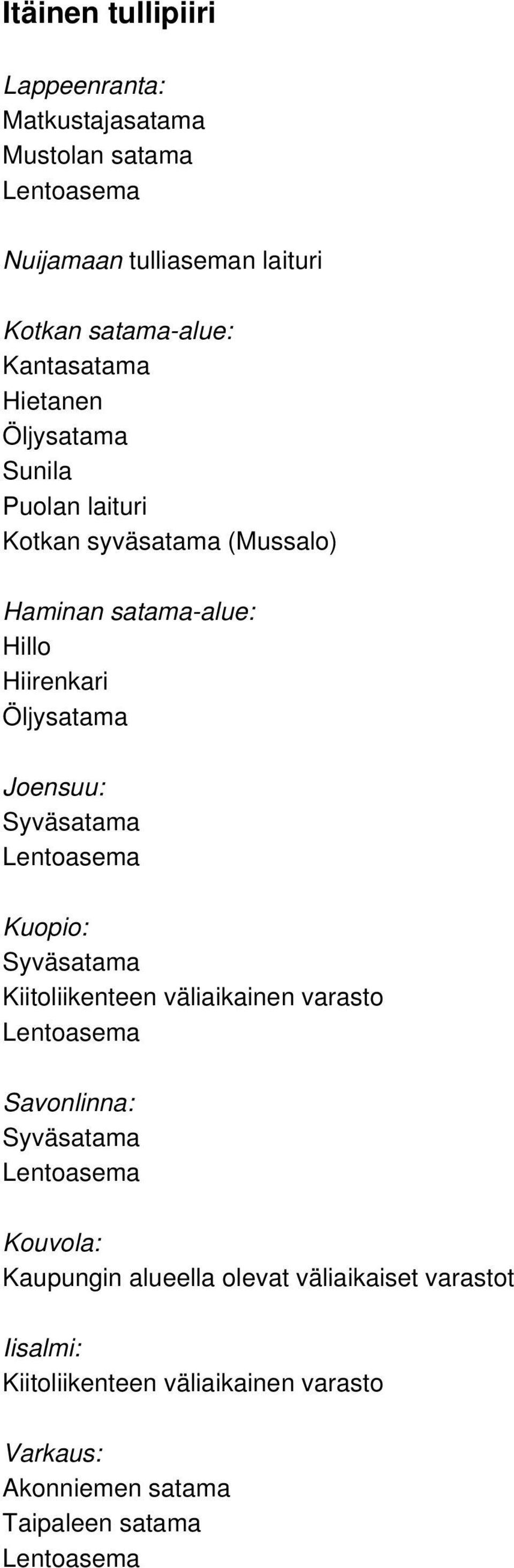 satama-alue: Hillo Hiirenkari Öljysatama Joensuu: Kuopio: Kiitoliikenteen väliaikainen varasto Savonlinna: