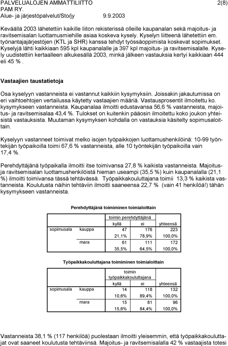 Kyselyjä lähti kaikkiaan 595 kpl kaupanalalle ja 397 kpl majoitus- ja ravitsemisalalle. Kysely uudistettiin kertaalleen alkukesällä 2003, minkä jälkeen vastauksia kertyi kaikkiaan 444 eli 45 %.