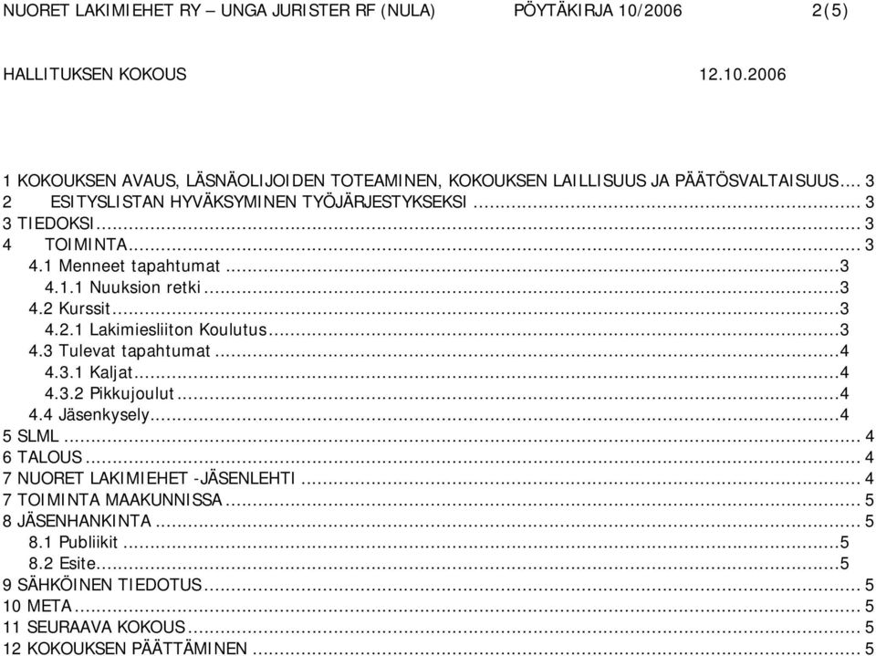 ..4 4.3.1 Kaljat...4 4.3.2 Pikkujoulut...4 4.4 Jäsenkysely...4 5 SLML... 4 6 TALOUS... 4 7 NUORET LAKIMIEHET -JÄSENLEHTI... 4 7 TOIMINTA MAAKUNNISSA.