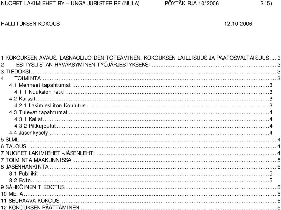 ..4 4.3.1 Kaljat...4 4.3.2 Pikkujoulut...4 4.4 Jäsenkysely...4 5 SLML... 4 6 TALOUS... 4 7 NUORET LAKIMIEHET -JÄSENLEHTI... 4 7 TOIMINTA MAAKUNNISSA.