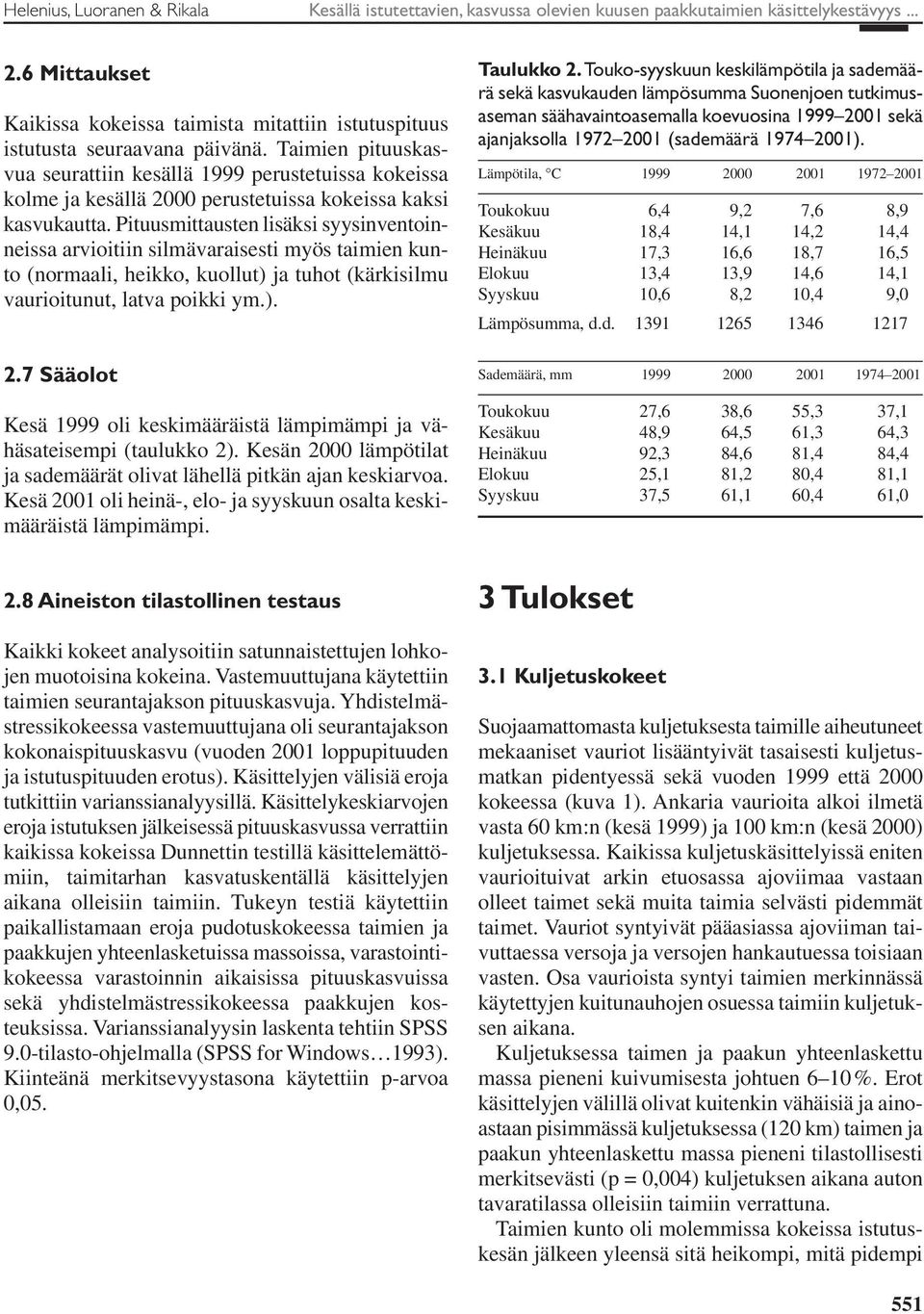 Taimien pituuskasvua seurattiin kesällä 1999 perustetuissa kokeissa kolme ja kesällä 2000 perustetuissa kokeissa kaksi kasvukautta.