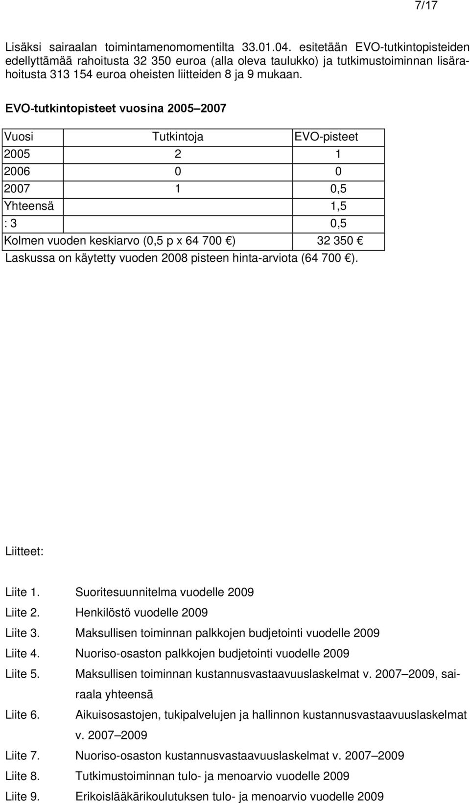 EVO-tutkintopisteet vuosina 2005 2007 Vuosi Tutkintoja EVO-pisteet 2005 2 1 2006 0 0 2007 1 0,5 Yhteensä 1,5 : 3 0,5 Kolmen vuoden keskiarvo (0,5 p x 64 700 ) 32 350 Laskussa on käytetty vuoden 2008