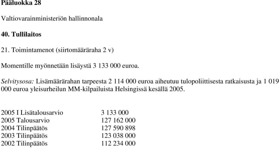 Selvitysosa: Lisämäärärahan tarpeesta 2 114 000 euroa aiheutuu tulopoliittisesta ratkaisusta ja 1 019 000 euroa