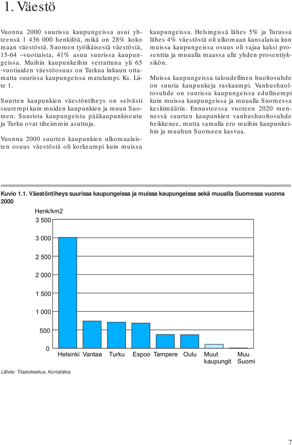 Suurten kaupunkien väestöntiheys on selvästi suurempi kuin muiden kaupunkien ja muun Suomen. Suurista kaupungeista pääkaupunkiseutu ja Turku ovat tiheimmin asuttuja.