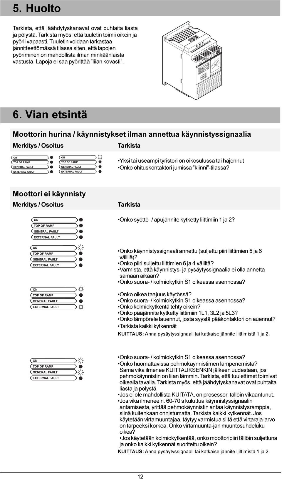 Osoitus Tarkista Yksi tai useampi tyristori on oikosulussa tai hajonnut Onko ohituskontaktori jumissa kiinni -tilassa?