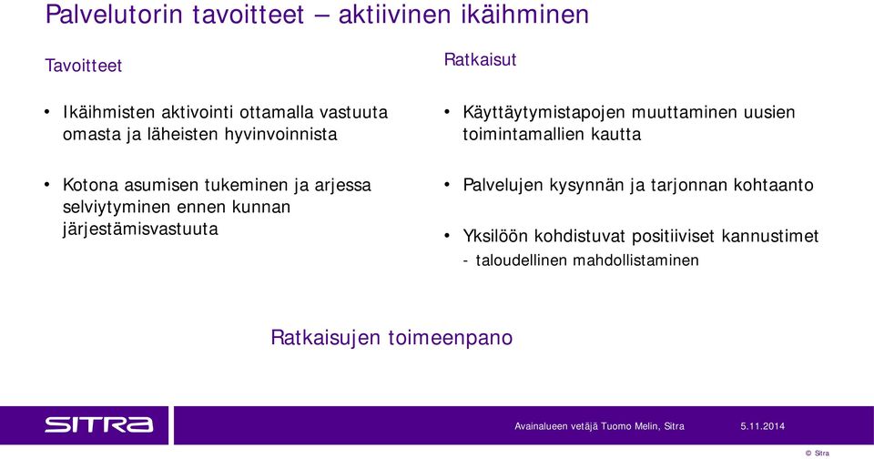 Ratkaisut Käyttäytymistapojen muuttaminen uusien toimintamallien kautta Palvelujen kysynnän ja tarjonnan