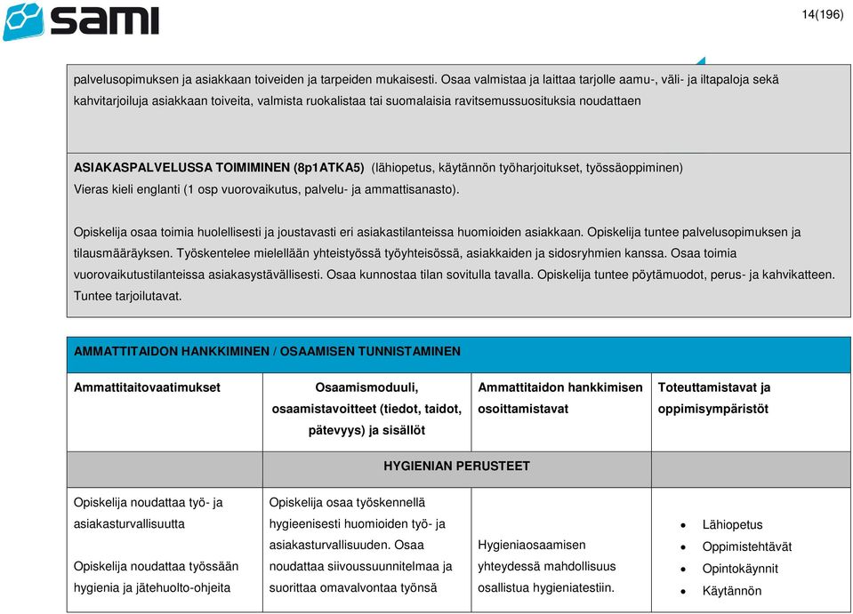 TOIMIMINEN (8p1ATKA5) (lähiopetus, käytännön työharjoitukset, työssäoppiminen) Vieras kieli englanti (1 osp vuorovaikutus, palvelu- ja ammattisanasto).