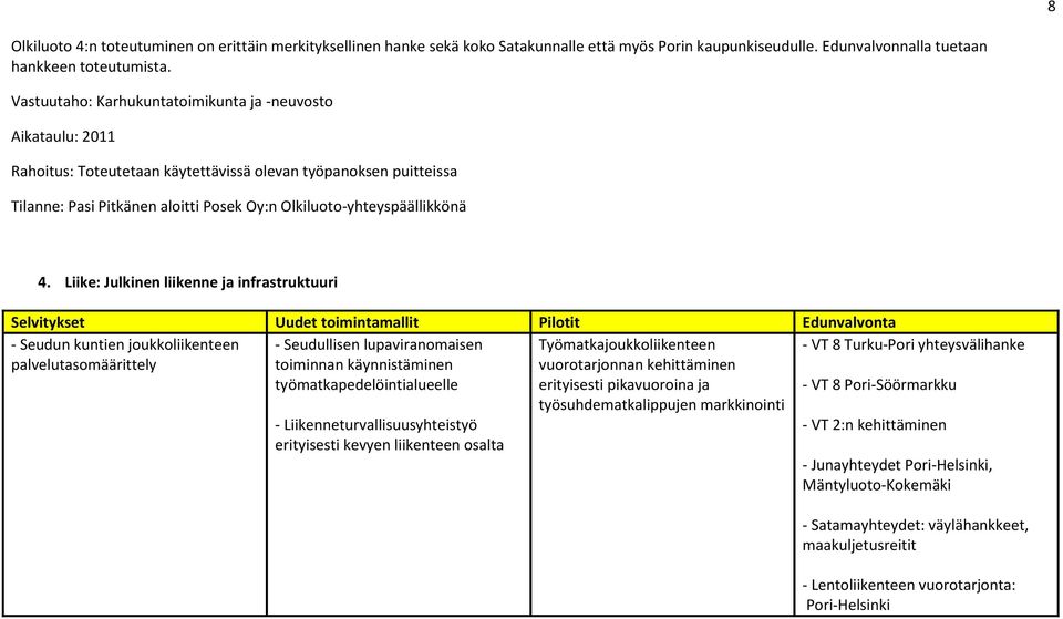 Liike: Julkinen liikenne ja infrastruktuuri Selvitykset Uudet toimintamallit Pilotit Edunvalvonta - Seudun kuntien joukkoliikenteen - VT 8 Turku-Pori yhteysvälihanke palvelutasomäärittely -