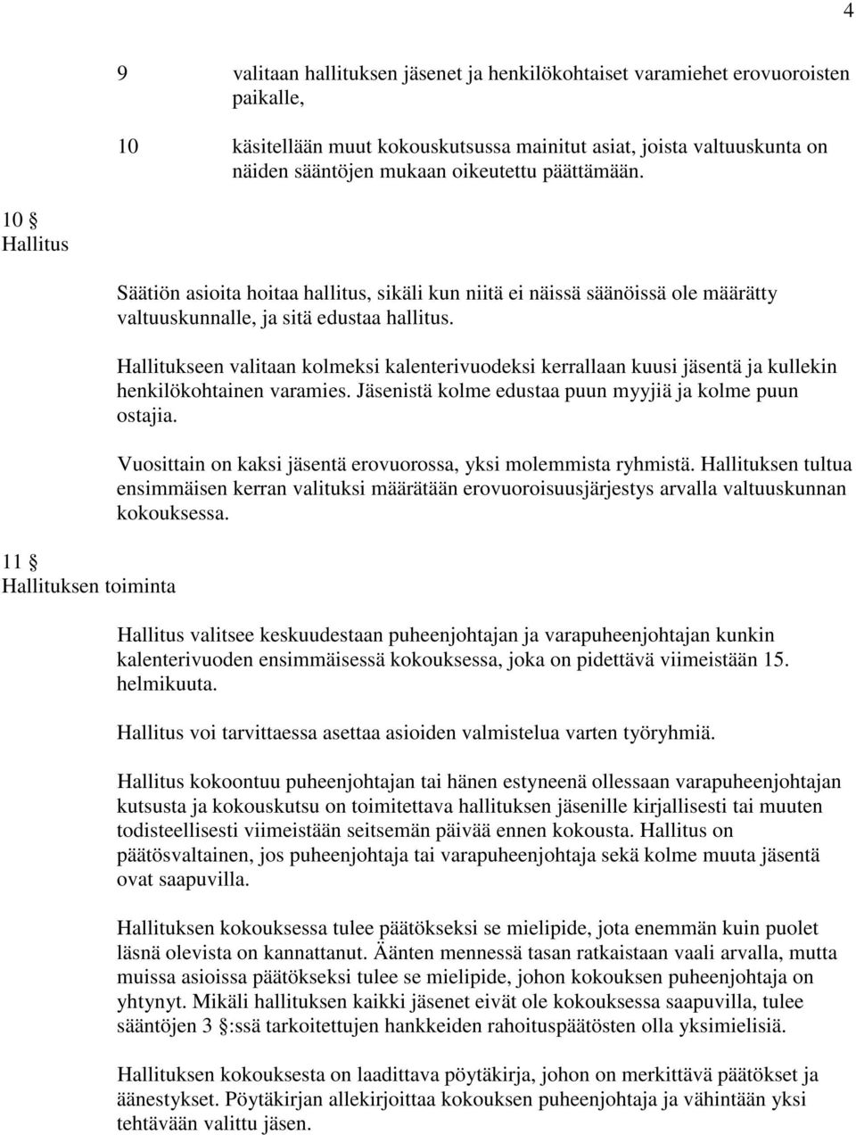 Hallitukseen valitaan kolmeksi kalenterivuodeksi kerrallaan kuusi jäsentä ja kullekin henkilökohtainen varamies. Jäsenistä kolme edustaa puun myyjiä ja kolme puun ostajia.