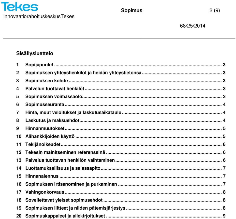 .. 5 11 Tekijänoikeudet... 6 12 Tekesin mainitseminen referenssinä... 6 13 Palvelua tuottavan henkilön vaihtaminen... 6 14 Luottamuksellisuus ja salassapito... 7 15 Hinnanalennus.