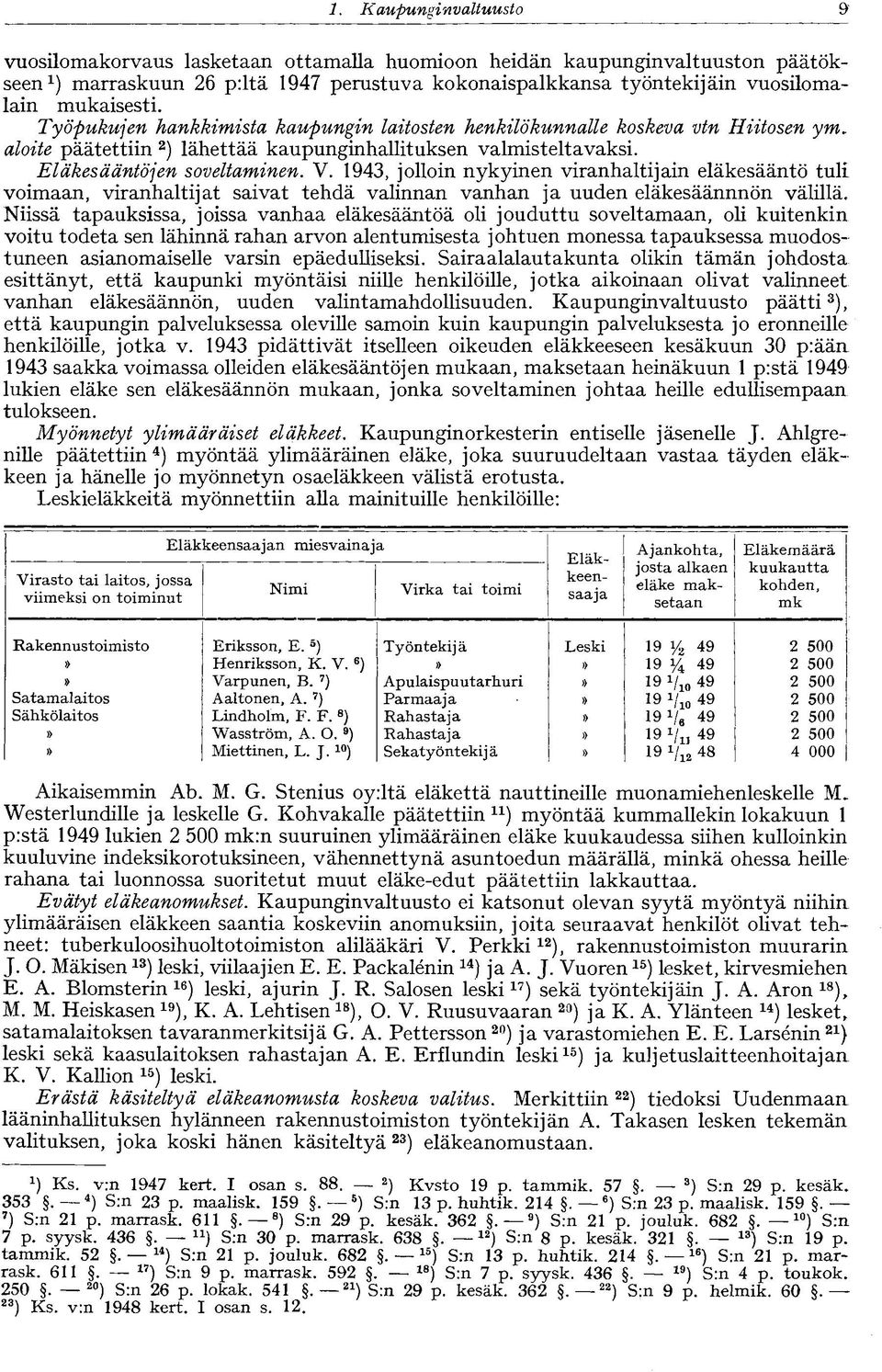 1943, jolloin nykyinen viranhaltijain eläkesääntö tuli voimaan, viranhaltijat saivat tehdä valinnan vanhan ja uuden eläkesäännnön välillä.