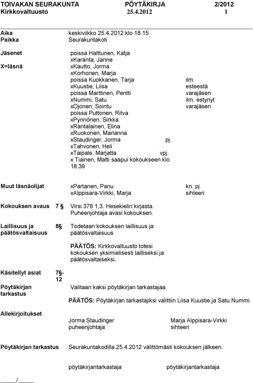 Sointu poissa Puttonen, Ritva xpynnönen, Sirkka xrantalainen, Elina xruokonen, Marianna xstaudinger, Jorma pj. xtahvonen, Heli xtaipale, Marjatta vpj. x Tiainen, Matti saapui kokoukseen klo 18.39 ilm.