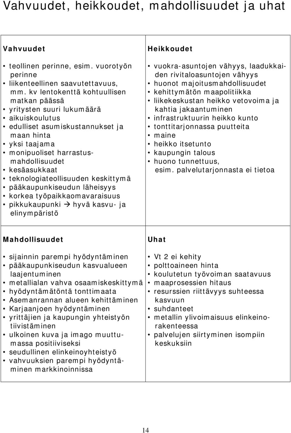 teknologiateollisuuden keskittymä pääkaupunkiseudun läheisyys korkea työpaikkaomavaraisuus pikkukaupunki hyvä kasvu- ja elinympäristö Heikkoudet vuokra-asuntojen vähyys, laadukkaiden