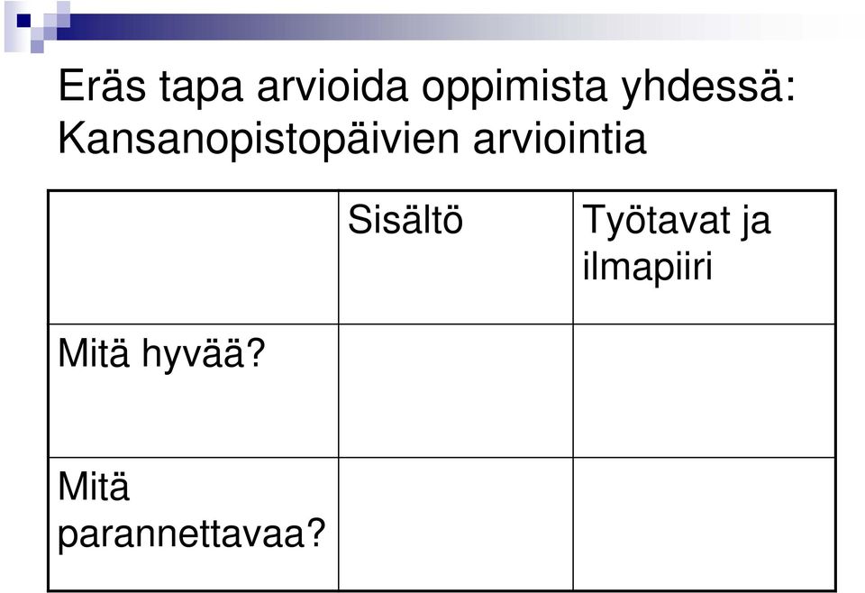 arviointia Sisältö Työtavat ja