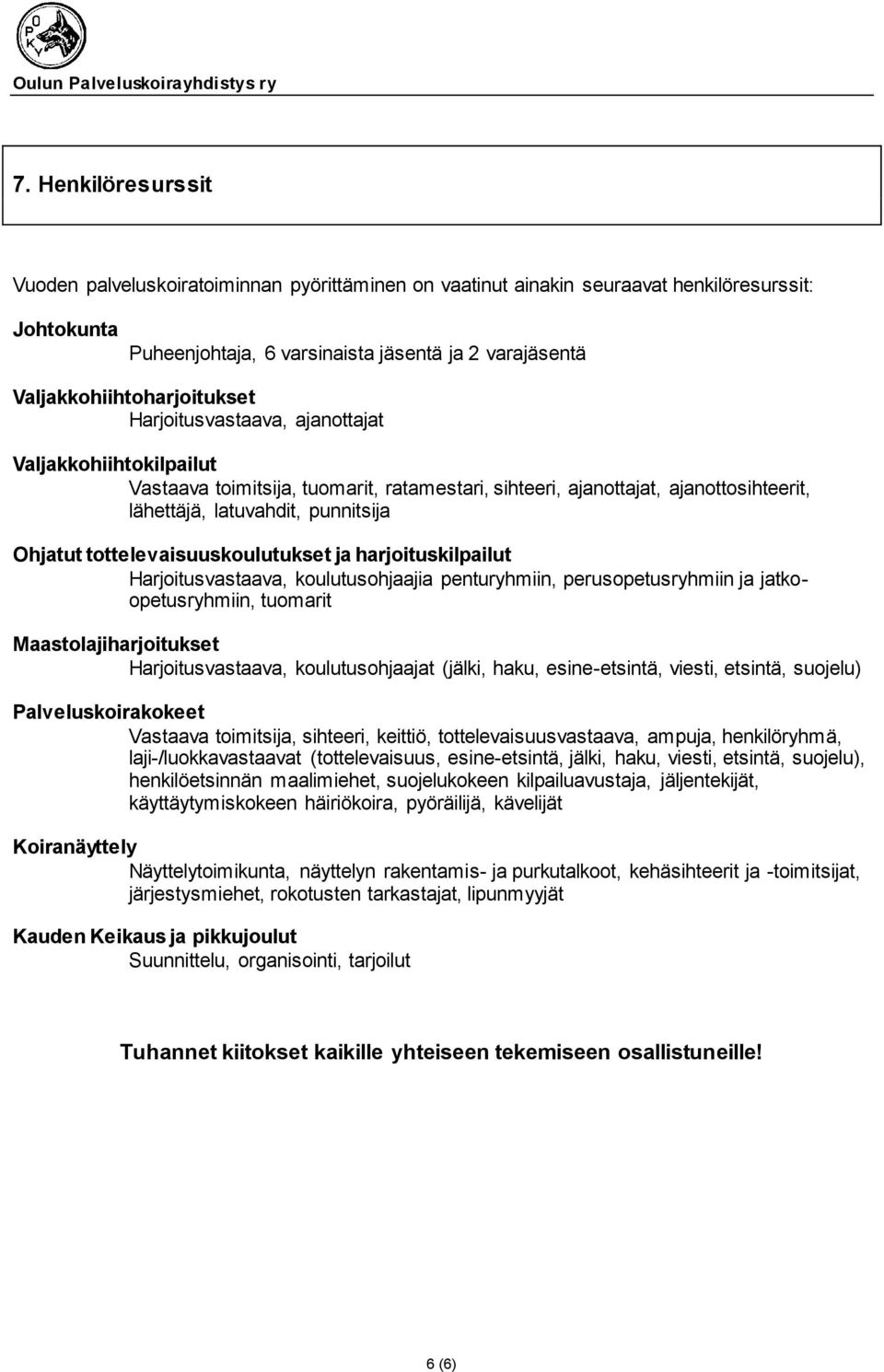 punnitsija Ohjatut tottelevaisuuskoulutukset ja harjoituskilpailut Harjoitusvastaava, koulutusohjaajia penturyhmiin, perusopetusryhmiin ja jatkoopetusryhmiin, tuomarit Maastolajiharjoitukset
