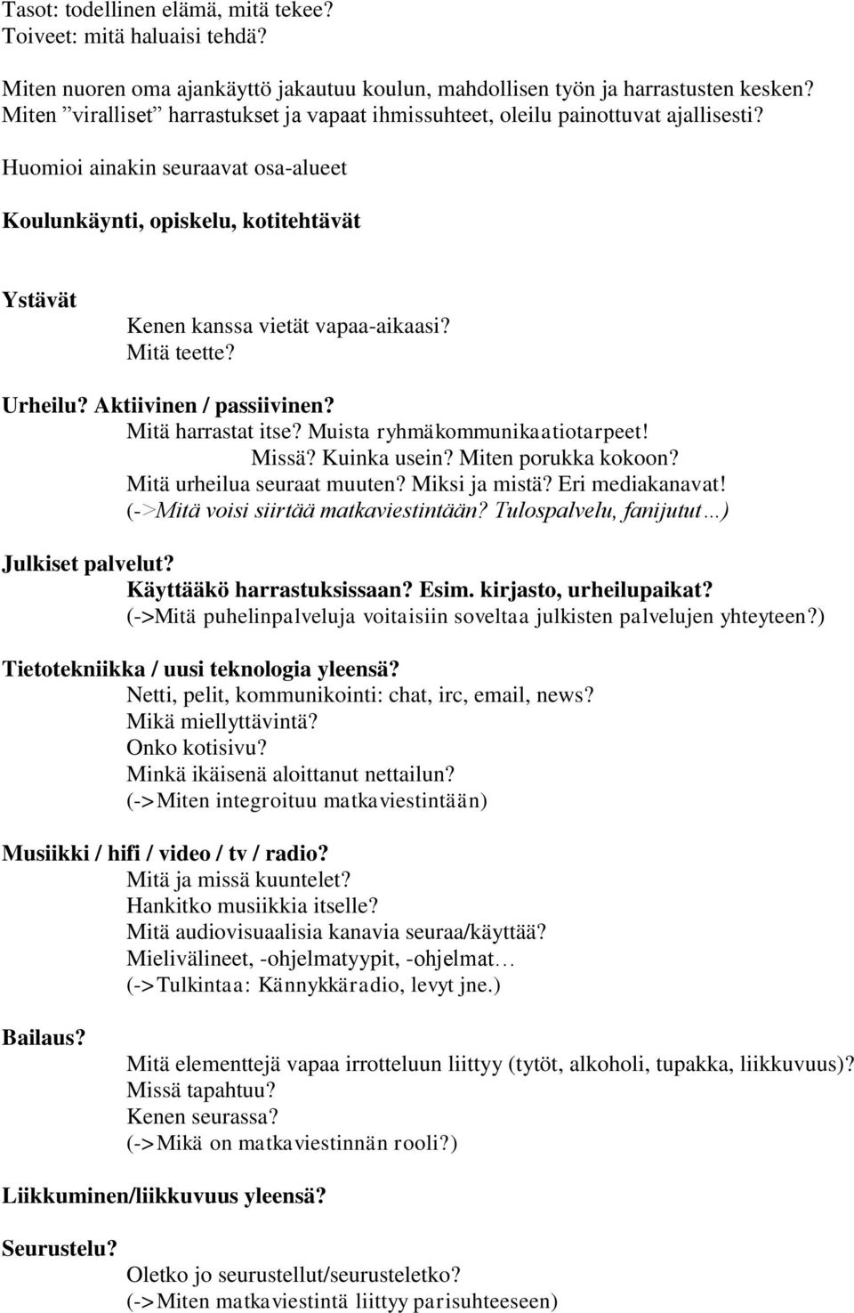 Huomioi ainakin seuraavat osa-alueet Koulunkäynti, opiskelu, kotitehtävät Ystävät Kenen kanssa vietät vapaa-aikaasi? Mitä teette? Urheilu? Aktiivinen / passiivinen? Mitä harrastat itse?