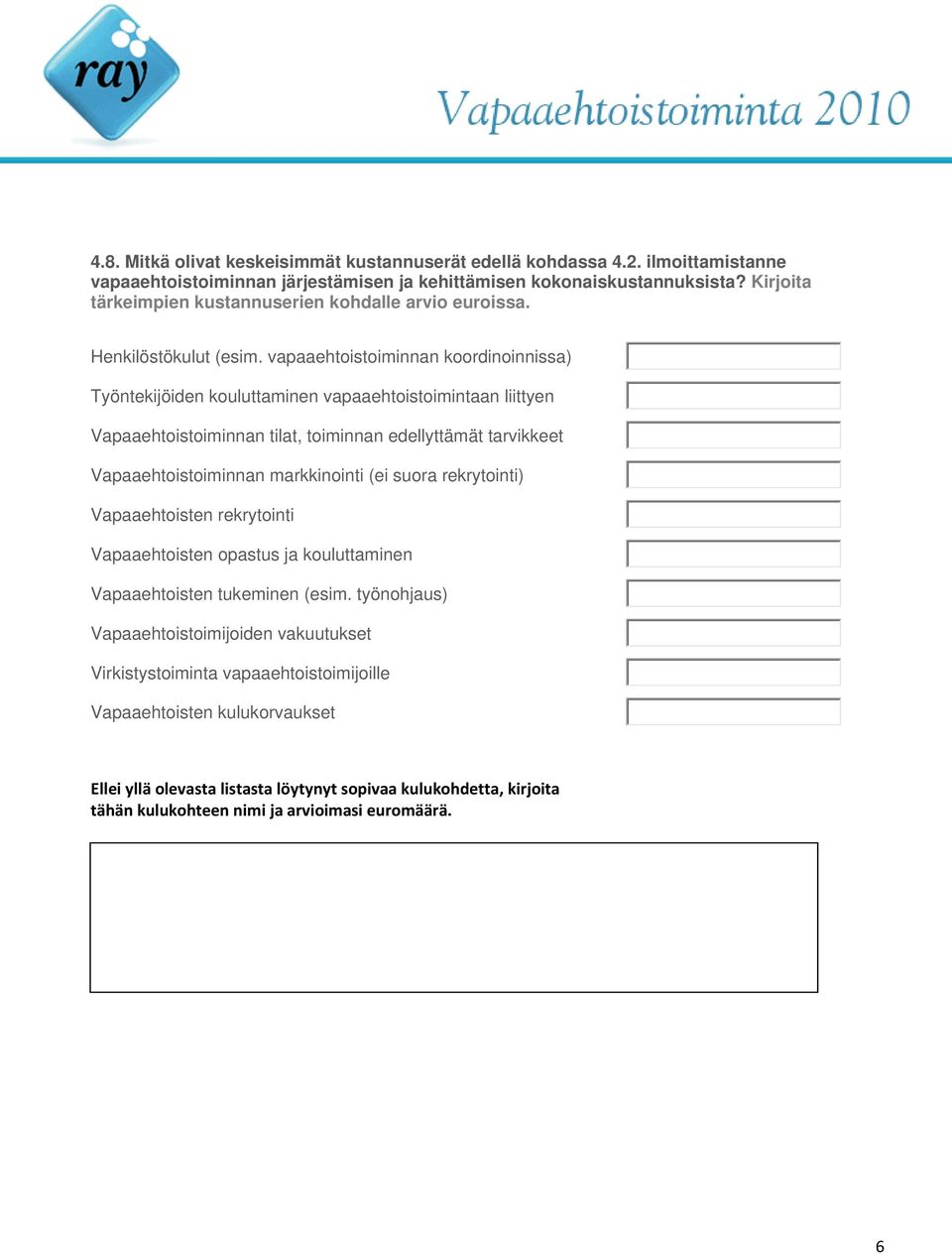 vapaaehtoistoiminnan koordinoinnissa) Työntekijöiden kouluttaminen vapaaehtoistoimintaan liittyen Vapaaehtoistoiminnan tilat, toiminnan edellyttämät tarvikkeet Vapaaehtoistoiminnan markkinointi (ei