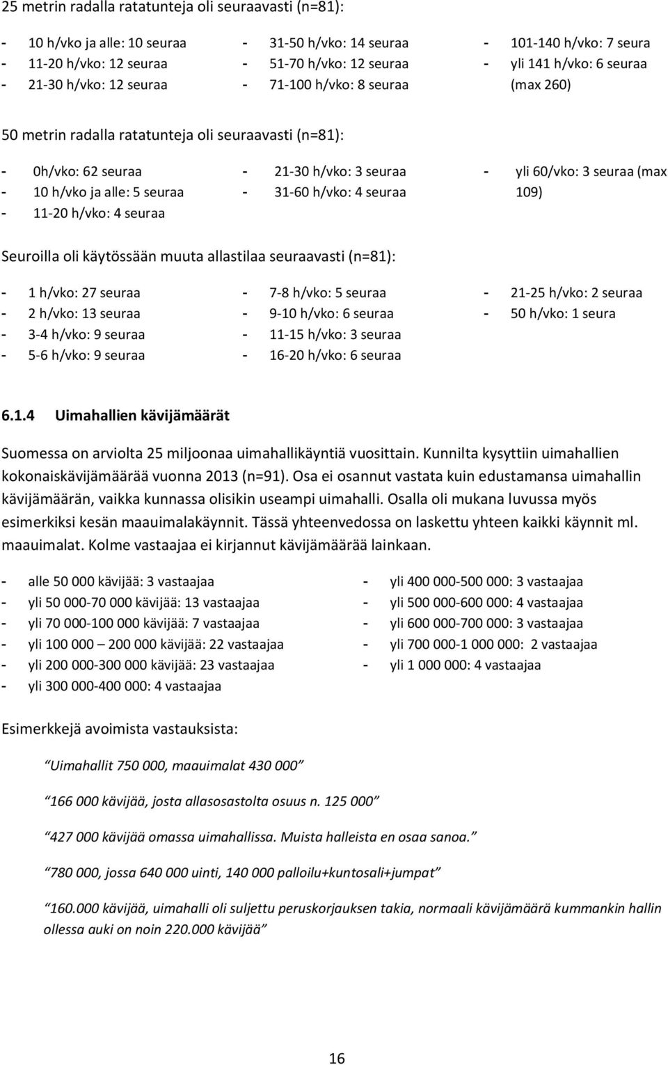 21-30 h/vko: 3 seuraa - 31-60 h/vko: 4 seuraa - yli 60/vko: 3 seuraa (max 109) Seuroilla oli käytössään muuta allastilaa seuraavasti (n=81): - 1 h/vko: 27 seuraa - 2 h/vko: 13 seuraa - 3-4 h/vko: 9