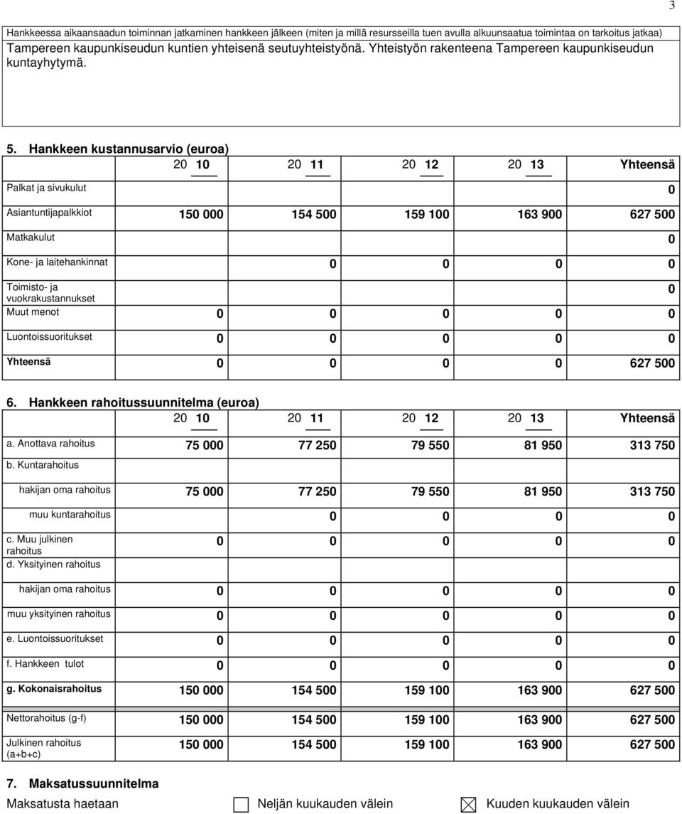 Hankkeen kustannusarvio (euroa) 20 10 20 11 20 12 20 13 Yhteensä Palkat ja sivukulut 0 Asiantuntijapalkkiot 150 000 154 500 159 100 163 900 627 500 Matkakulut 0 Kone- ja laitehankinnat 0 0 0 0