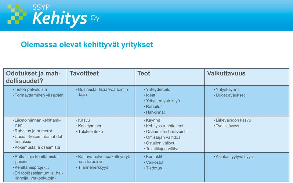 Kehittämisprojektit Eri roolit (asiantuntija, hallinnoija, verkonkutoja) Tavoitteet Teot Vaikuttavuus Businesta, lisäarvoa toimintaan Kasvu Kehittyminen Tuloksenteko Kattava