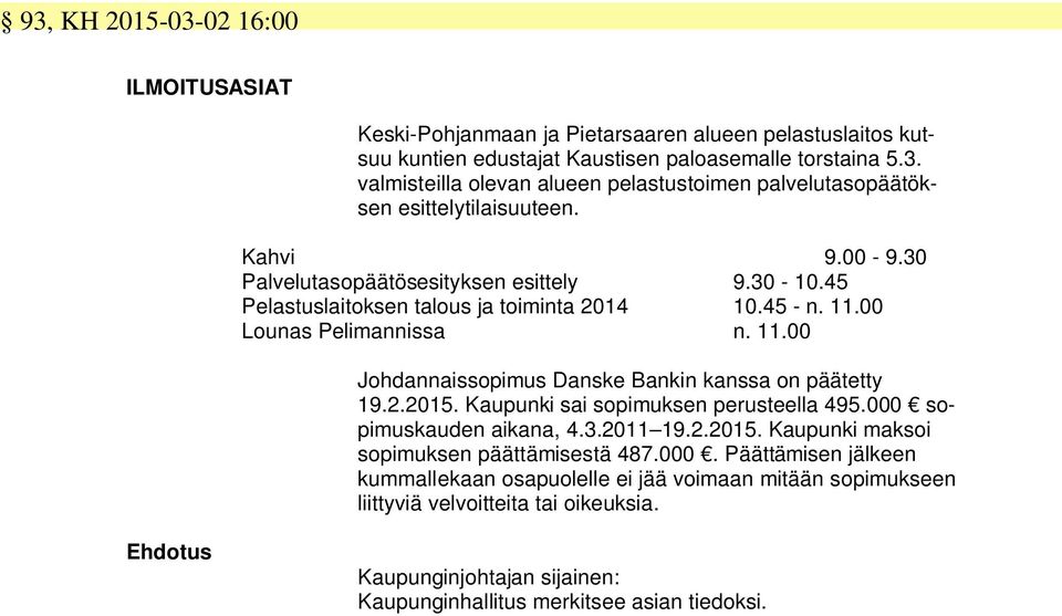 2.2015. Kaupunki sai sopimuksen perusteella 495.000 sopimuskauden aikana, 4.3.2011 19.2.2015. Kaupunki maksoi sopimuksen päättämisestä 487.000. Päättämisen jälkeen kummallekaan osapuolelle ei jää voimaan mitään sopimukseen liittyviä velvoitteita tai oikeuksia.