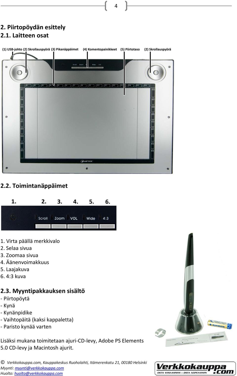 4:3 kuva 2.3. Myyntipakkauksen sisältö Piirtopöytä Kynä Kynänpidike Vaihtopäitä (kaksi