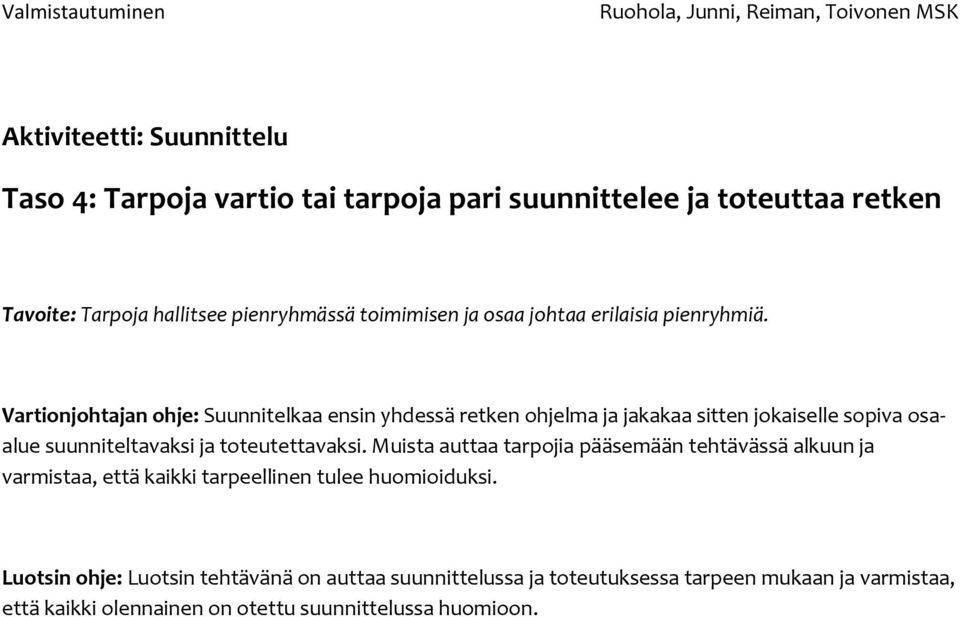 Vartionjohtajan ohje: Suunnitelkaa ensin yhdessä retken ohjelma ja jakakaa sitten jokaiselle sopiva osaalue suunniteltavaksi ja toteutettavaksi.