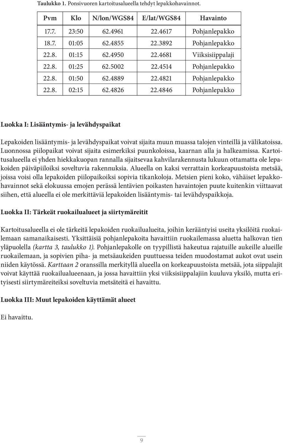 4846 Pohjanlepakko Luokka I: Lisääntymis- ja levähdyspaikat Lepakoiden lisääntymis- ja levähdyspaikat voivat sijaita muun muassa talojen vinteillä ja välikatoissa.