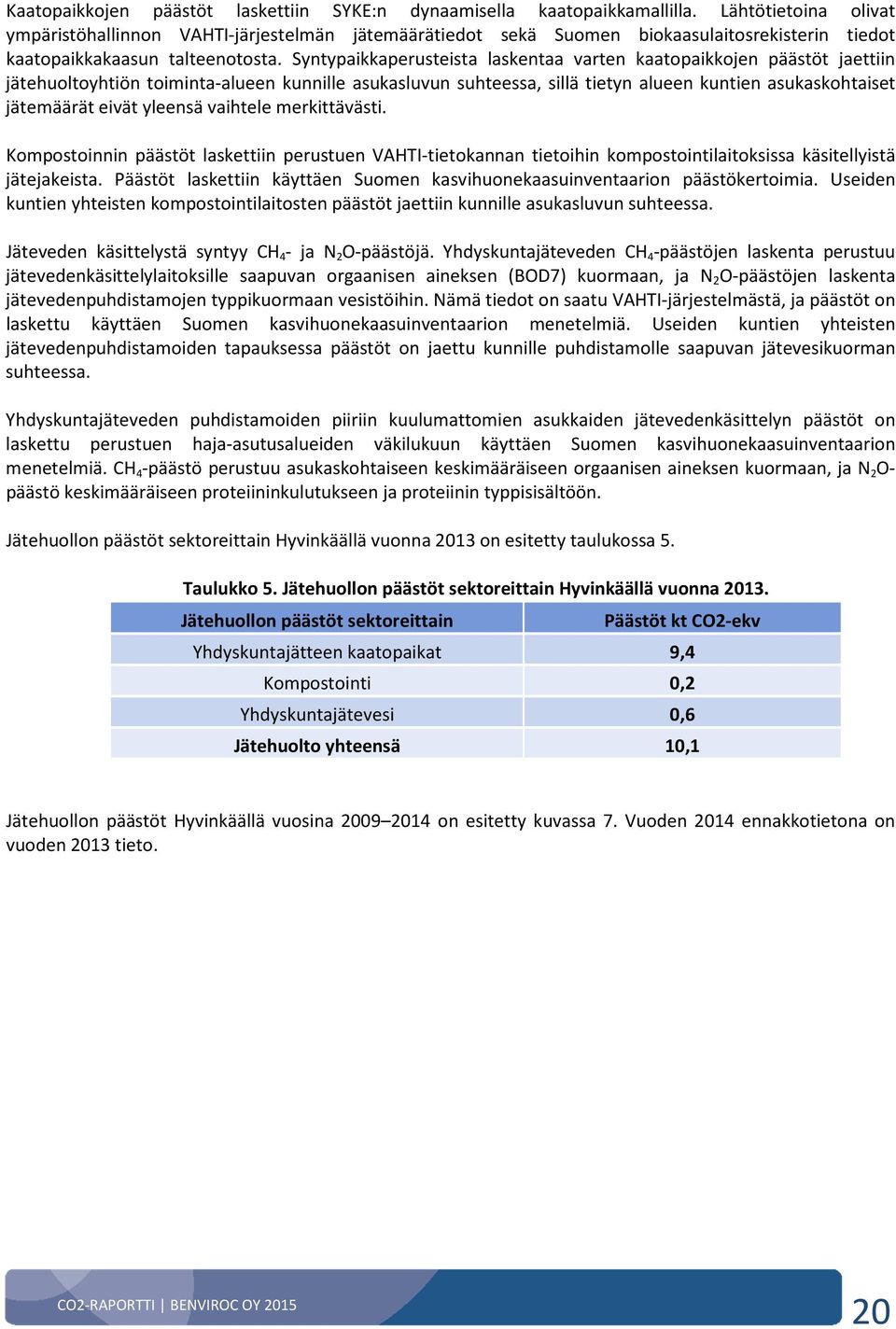 Syntypaikkaperusteista laskentaa varten kaatopaikkojen päästöt jaettiin jätehuoltoyhtiön toiminta-alueen kunnille asukasluvun suhteessa, sillä tietyn alueen kuntien asukaskohtaiset jätemäärät eivät