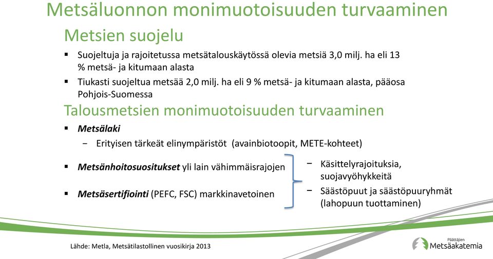 ha eli 9 % metsä- ja kitumaan alasta, pääosa Pohjois-Suomessa Talousmetsien monimuotoisuuden turvaaminen Metsälaki Erityisen tärkeät elinympäristöt