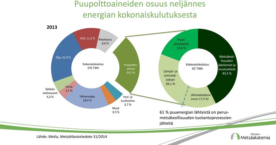 tuulivoima 3,7 % Lämpö- ja voimalaitokset 39,1 % Kokonaiskulutus 92 TWh (Metsähakkeen osuus 17,3 %) Metsäteollisuuden jäteliemet ja