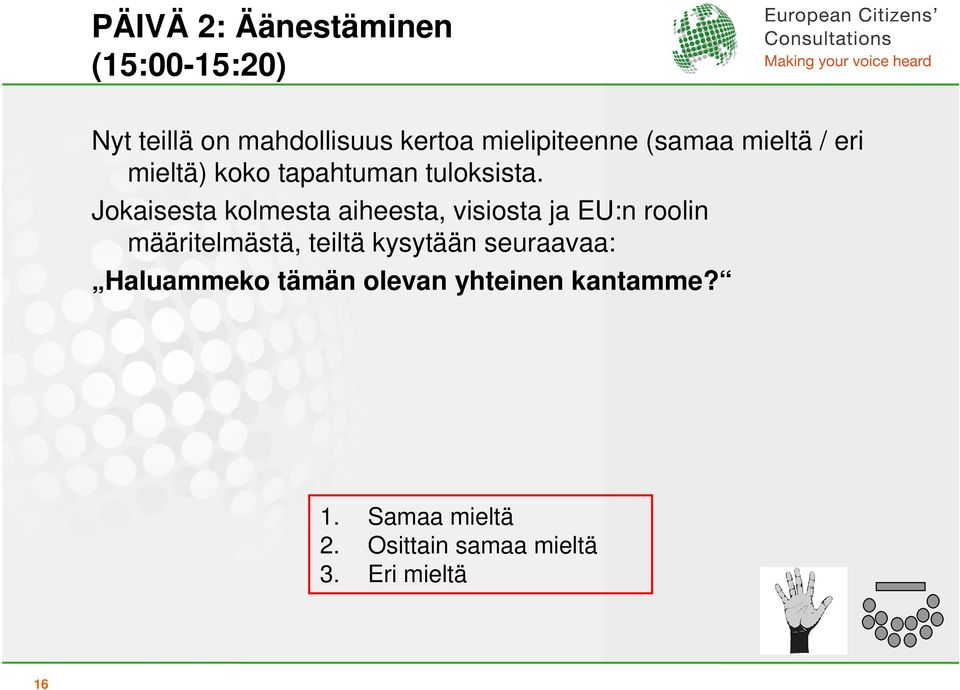 Jokaisesta kolmesta aiheesta, visiosta ja EU:n roolin määritelmästä, teiltä
