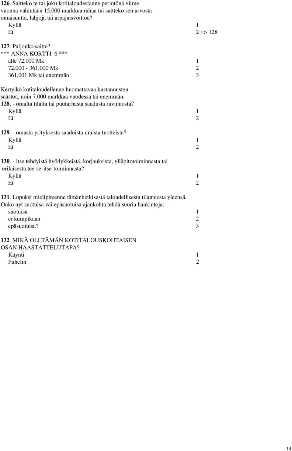 - omalta tilalta tai puutarhasta saadusta ravinnosta? 129. - omasta yrityksestä saaduista muista tuotteista? 130.