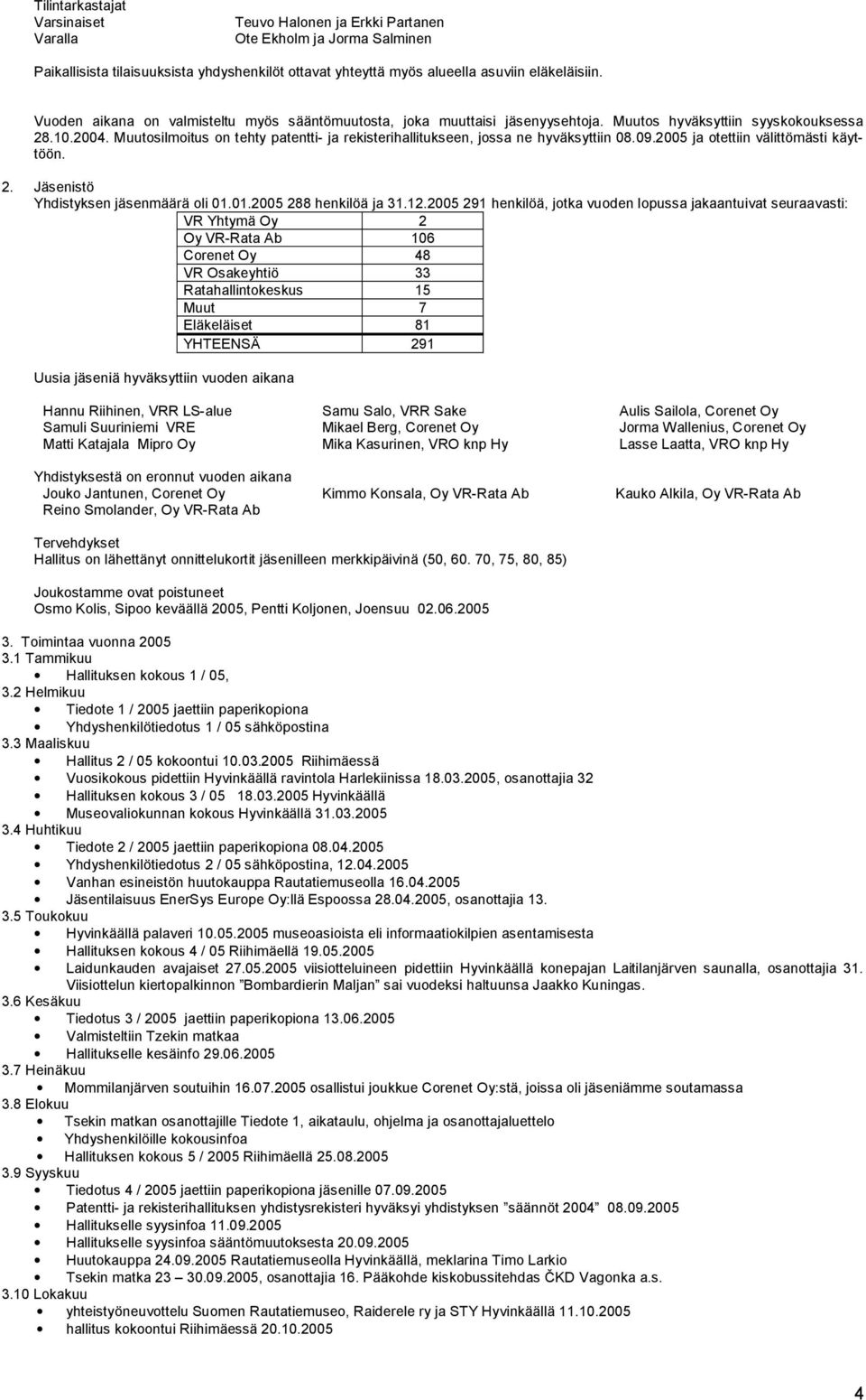 Muutosilmoitus on tehty patentti- ja rekisterihallitukseen, jossa ne hyväksyttiin 08.09.2005 ja otettiin välittömästi käyttöön. 2. Jäsenistö Yhdistyksen jäsenmäärä oli 01.01.2005 288 henkilöä ja 31.