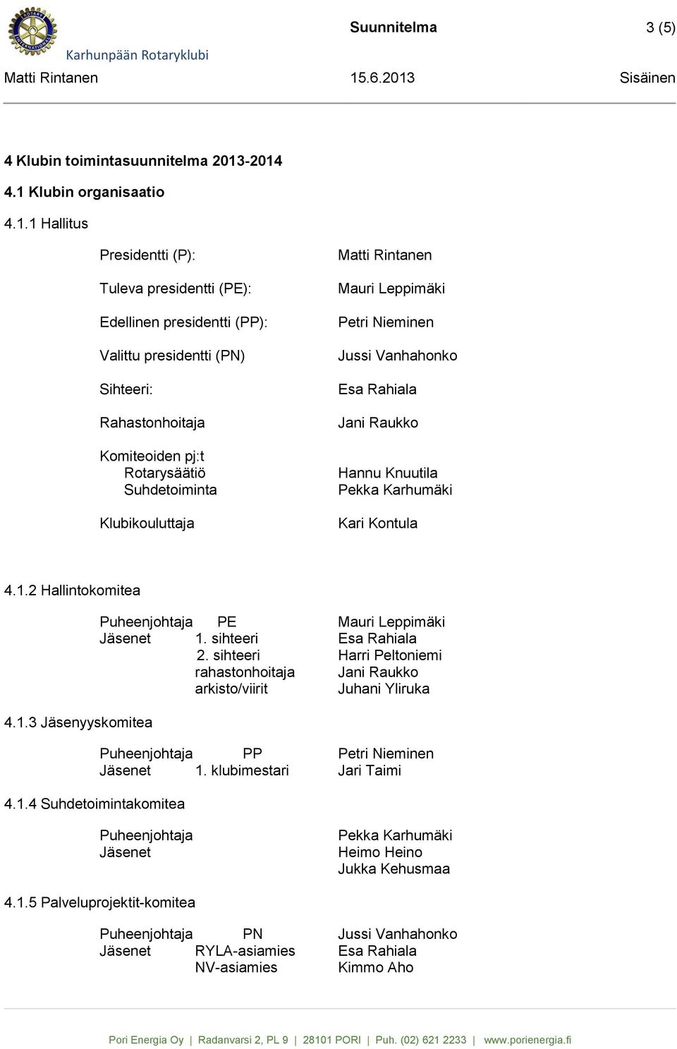 Suhdetoiminta Klubikouluttaja Matti Rintanen Mauri Leppimäki Petri Nieminen Jussi Vanhahonko Esa Rahiala Jani Raukko Hannu Knuutila Pekka Karhumäki Kari Kontula 4.1.