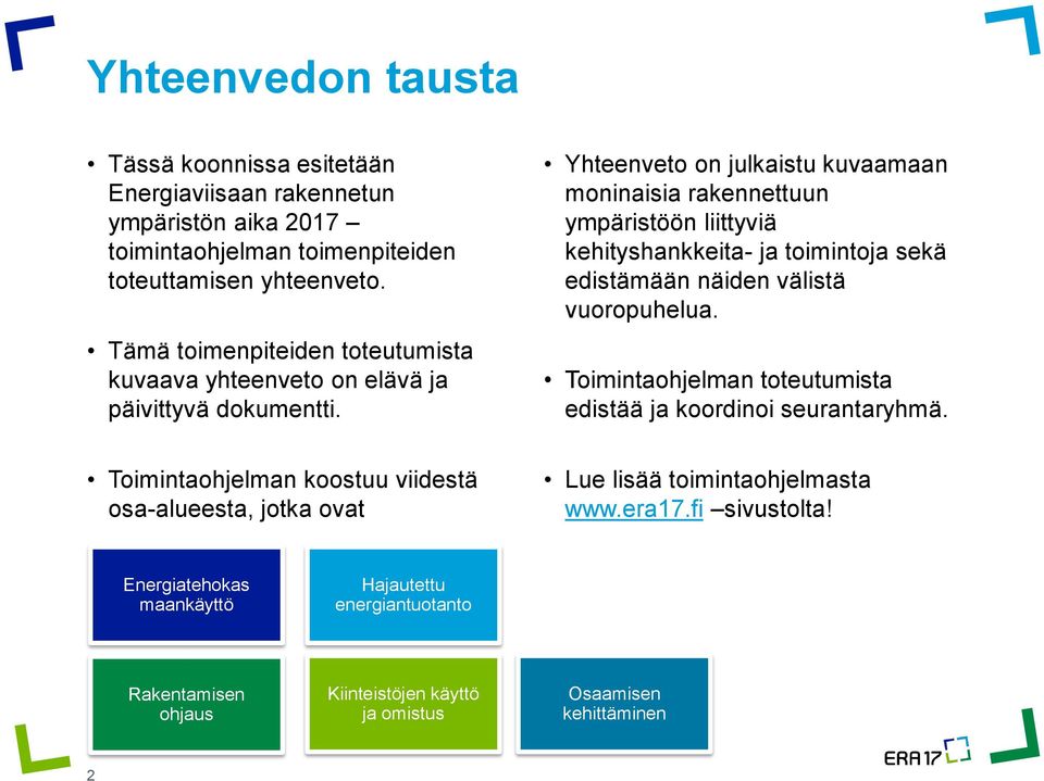 Yhteenveto on julkaistu kuvaamaan moninaisia rakennettuun ympäristöön liittyviä kehityshankkeita- ja toimintoja sekä edistämään näiden välistä vuoropuhelua.