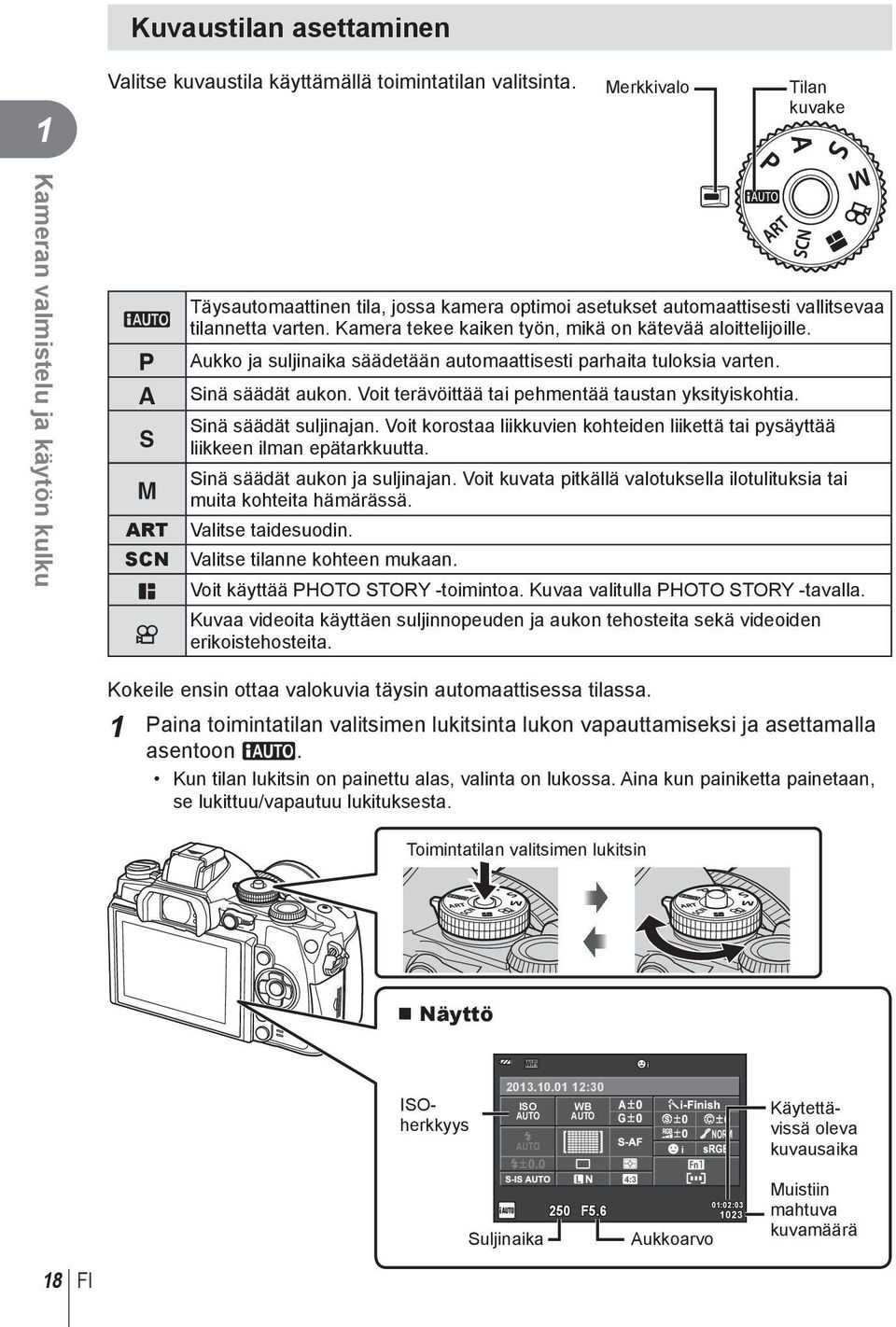 Kamera tekee kaiken työn, mikä on kätevää aloittelijoille. Aukko ja suljinaika säädetään automaattisesti parhaita tuloksia varten. Sinä säädät aukon.