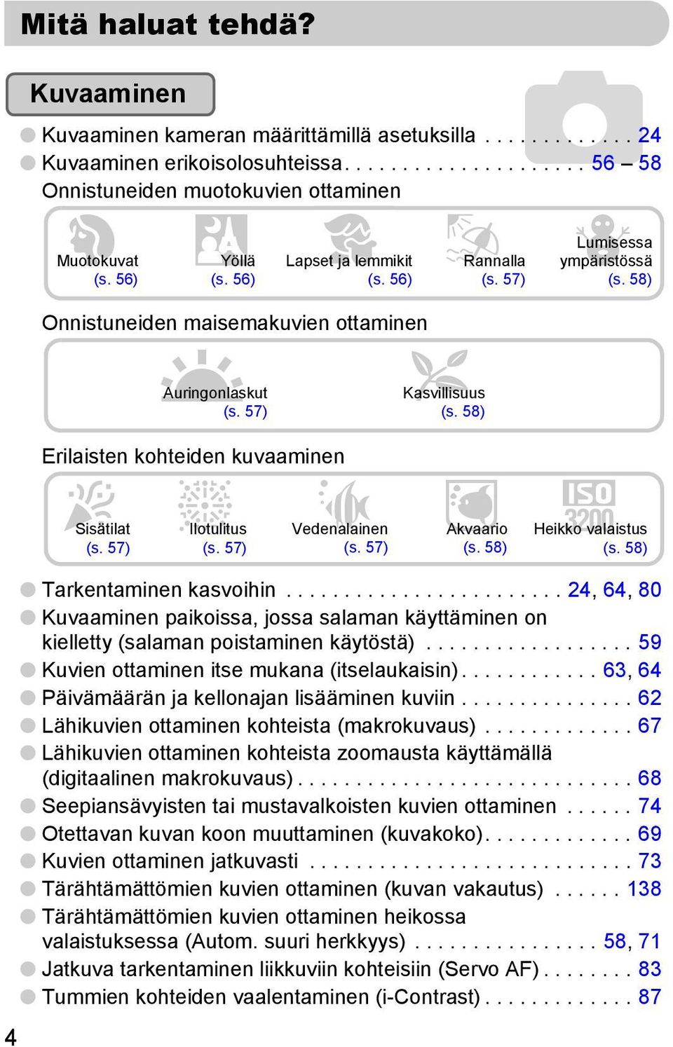 58) Erilaisten kohteiden kuvaaminen H t S Sisätilat Ilotulitus Vedenalainen (s. 57) (s. 57) (s. 57) y Akvaario (s. 58) Z Heikko valaistus (s. 58) 4 Tarkentaminen kasvoihin.