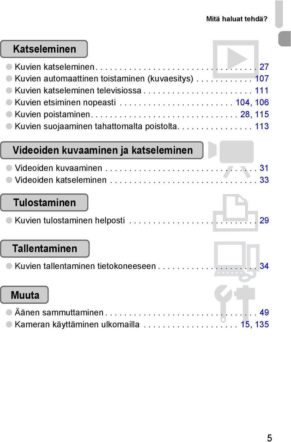 ............... 113 Videoiden kuvaaminen ja katseleminen E Videoiden kuvaaminen................................ 31 Videoiden katseleminen............................... 33 Tulostaminen 2 Kuvien tulostaminen helposti.