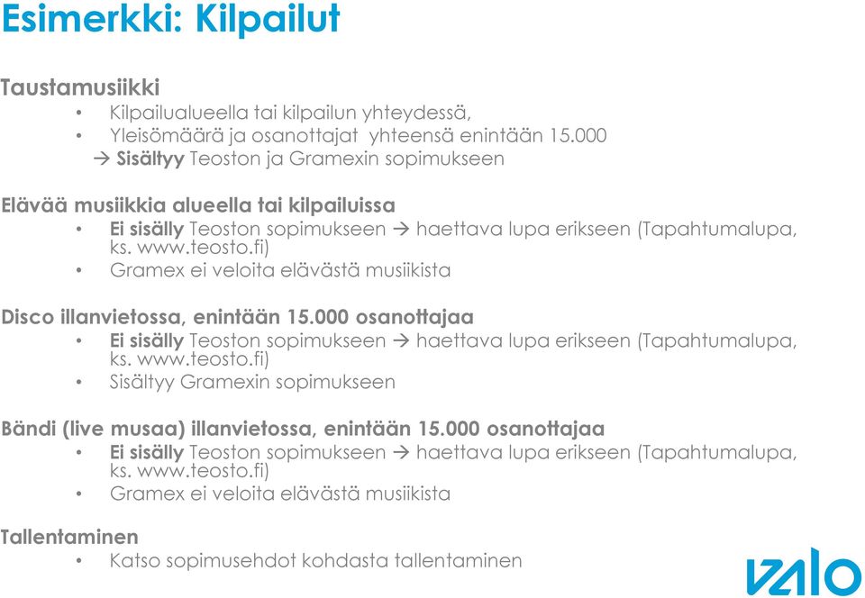 fi) Gramex ei veloita elävästä musiikista Disco illanvietossa, enintään 15.000 osanottajaa Ei sisälly Teoston sopimukseen haettava lupa erikseen (Tapahtumalupa, ks. www.teosto.