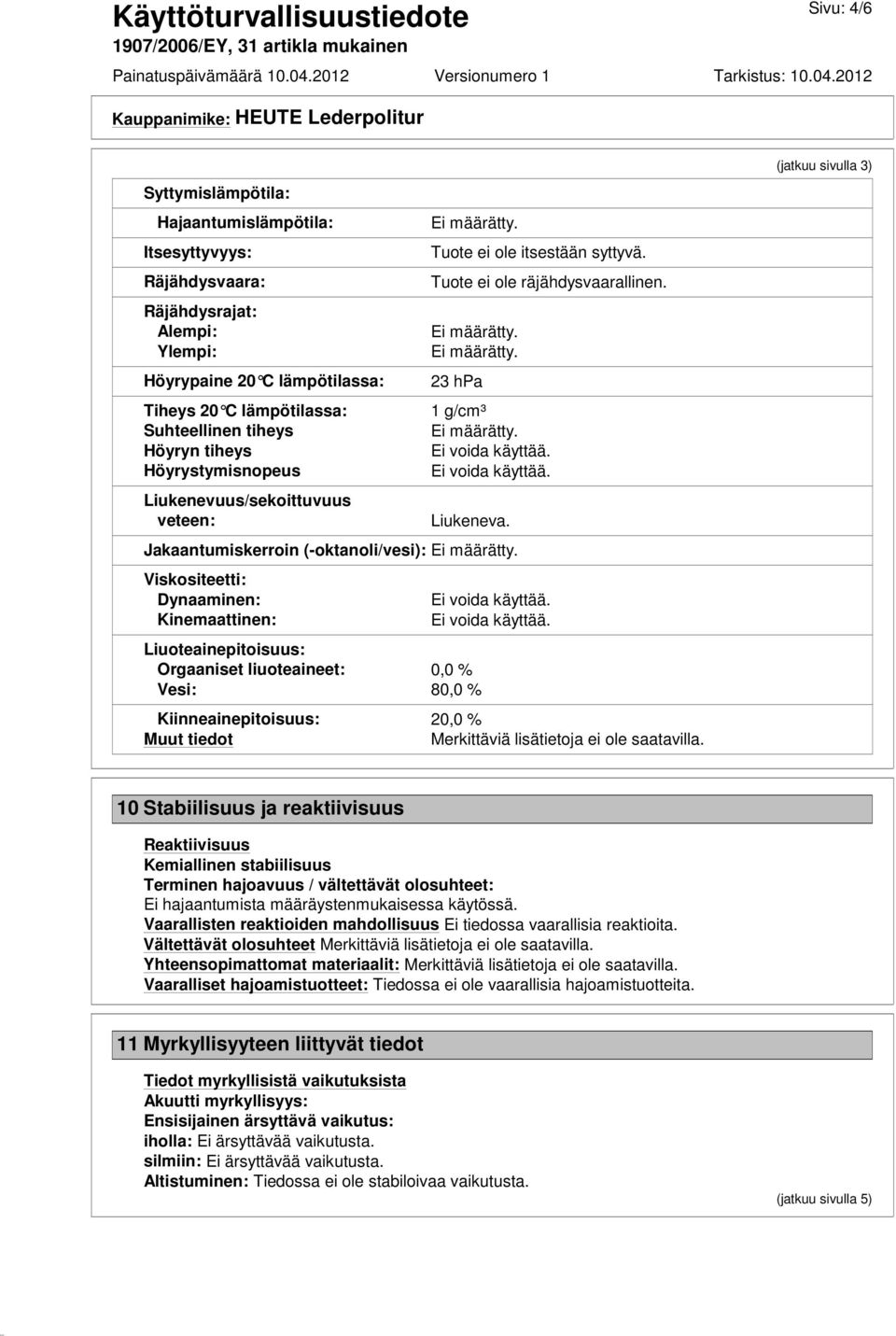 Jakaantumiskerroin (-oktanoli/vesi): Viskositeetti: Dynaaminen: Kinemaattinen: Liuoteainepitoisuus: Orgaaniset liuoteaineet: 0,0 % Vesi: 80,0 % Kiinneainepitoisuus: 20,0 % Muut tiedot Merkittäviä