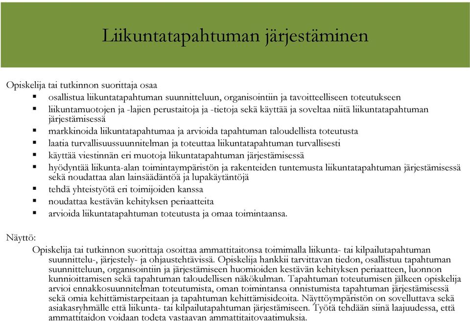 turvallisesti käyttää viestinnän eri muotoja liikuntatapahtuman järjestämisessä hyödyntää liikunta-alan toimintaympäristön ja rakenteiden tuntemusta liikuntatapahtuman järjestämisessä sekä noudattaa