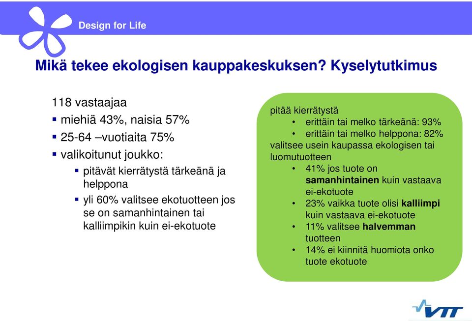 valitsee ekotuotteen jos se on samanhintainen tai kalliimpikin kuin ei-ekotuote pitää kierrätystä erittäin tai melko tärkeänä: 93% erittäin tai