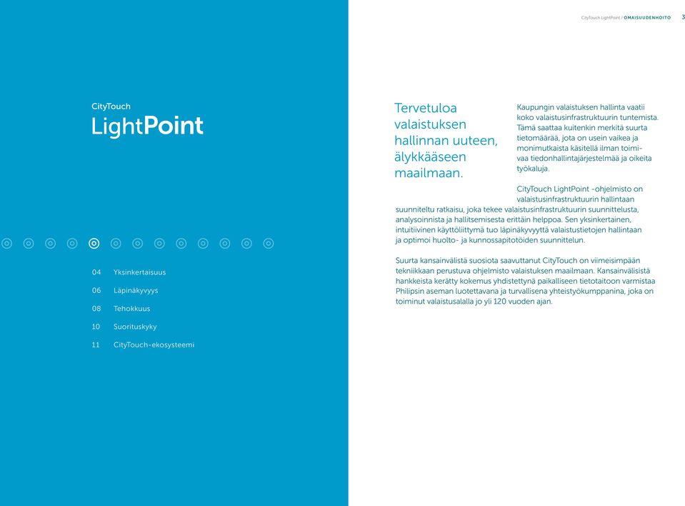 CityTouch LightPoint -ohjelmisto on valaistusinfrastruktuurin hallintaan suunniteltu ratkaisu, joka tekee valaistusinfrastruktuurin suunnittelusta, analysoinnista ja hallitsemisesta erittäin helppoa.