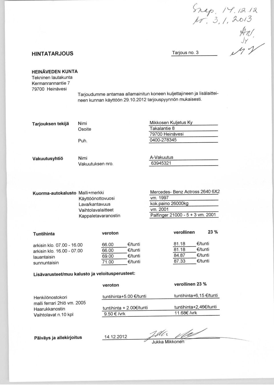 paino 26000kg Vaihtolavalaitteet vm. 2001 Kappaletavaranostin Palfinger 21000-5 + 3 vm. 2001 Tuntihinta veroton verollinen 23 % arkisin klo. 07.00-16.00 66.00 81.