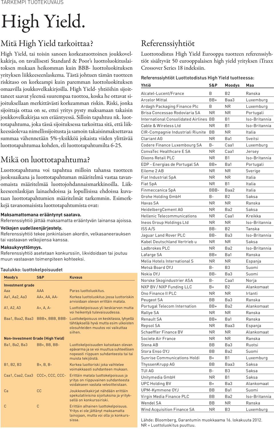 Tästä johtuen tämän tuotteen riskitaso on korkeampi kuin paremman luottoluokituksen omaavilla joukkovelkakirjoilla.