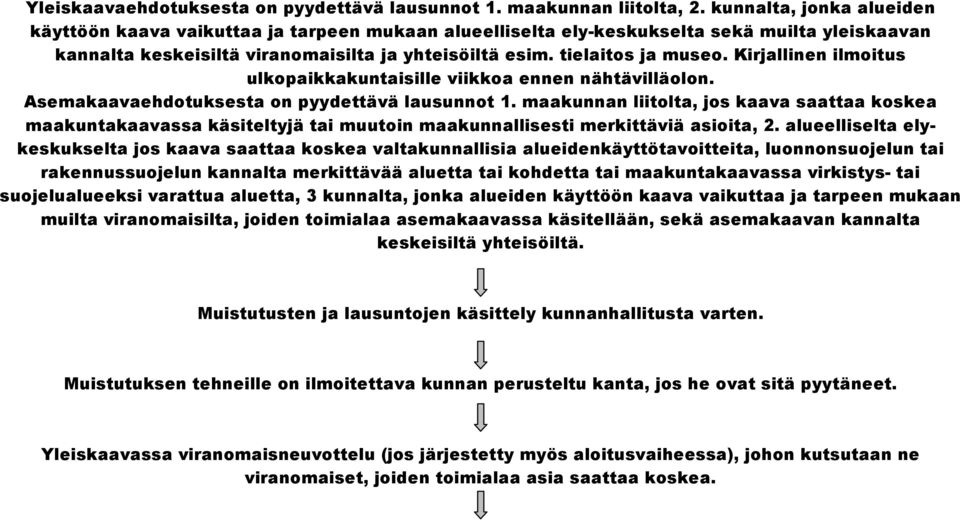 Kirjallinen ilmoitus ulkopaikkakuntaisille viikkoa ennen nähtävilläolon. Asemakaavaehdotuksesta on pyydettävä lausunnot 1.