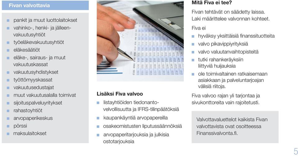 toimivat sijoituspalveluyritykset rahastoyhtiöt arvopaperikeskus pörssi maksulaitokset Lisäksi Fiva valvoo listayhtiöiden tiedonantovelvollisuutta ja IFRS-tilinpäätöksiä kaupankäyntiä arvopapereilla